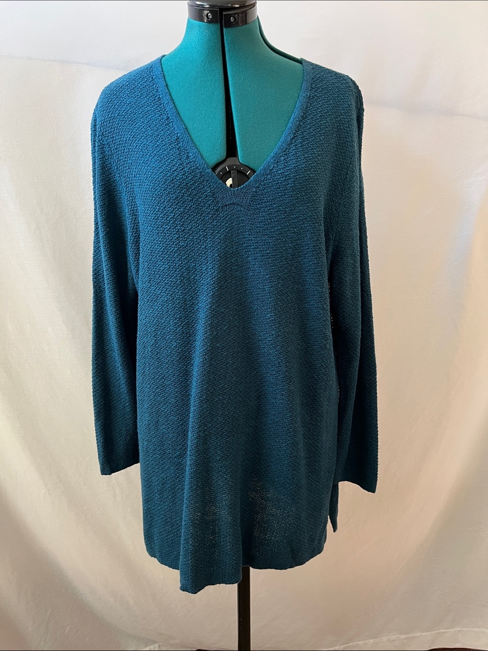 Eileen Fisher Organic Linen & Organic Cotton Blend Teal V-Neck Knit Tunic